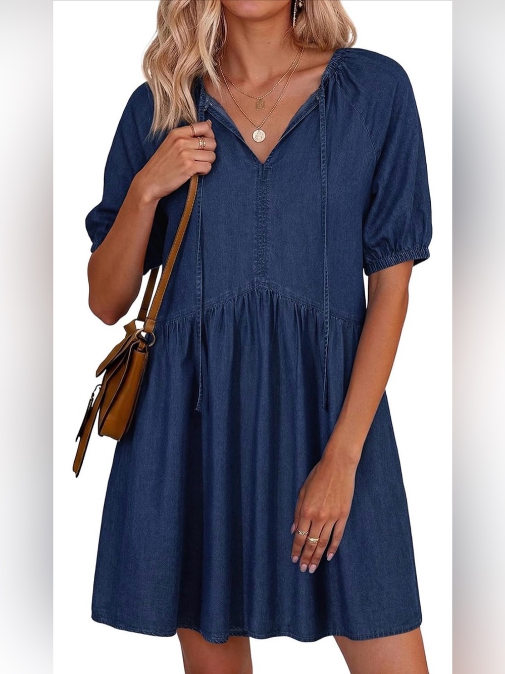 A77 Dokotoo Denim Blue V-Neck Puff sleeve Midi Babydoll Dress  Smocked Waist NEW